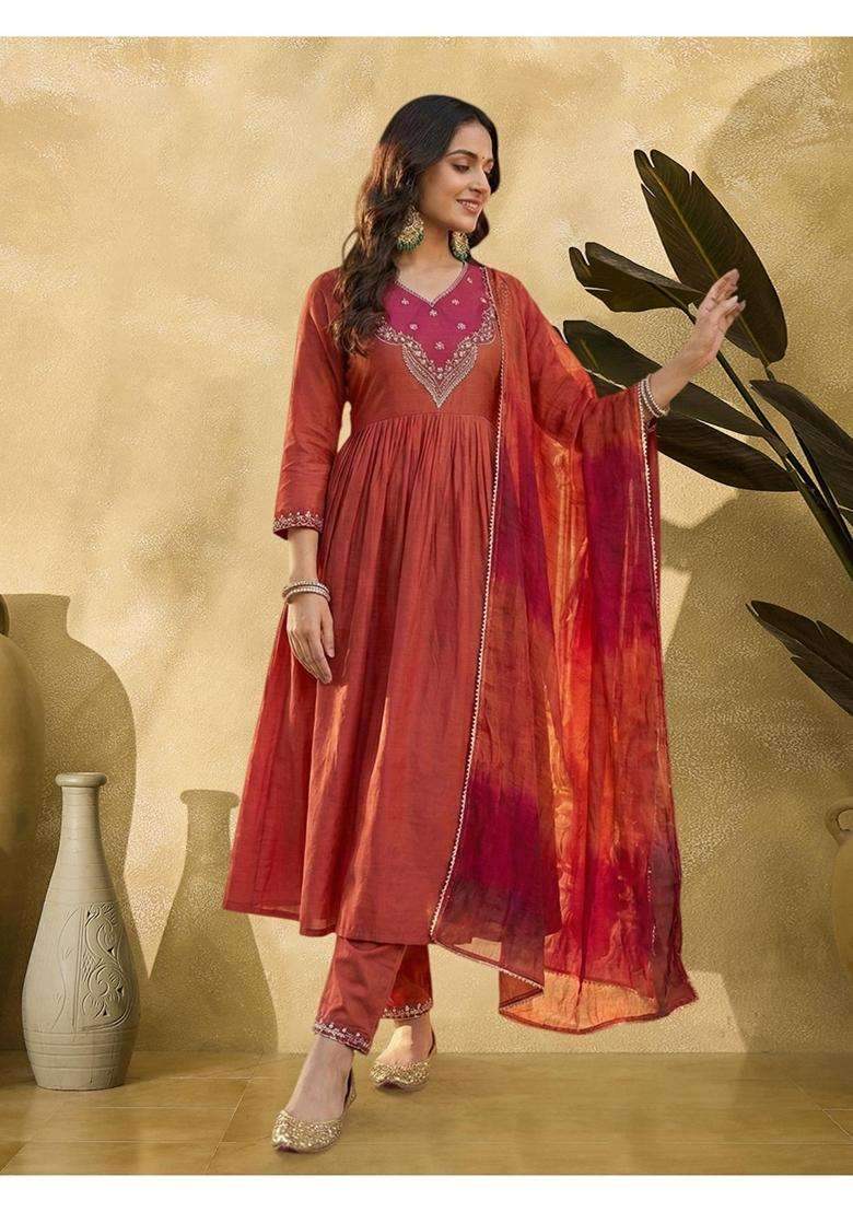 Rust Embroidery Crepe Kurta Set - Indya