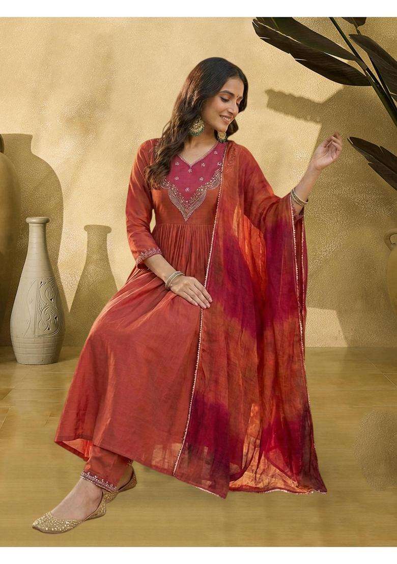 Rust Embroidery Crepe Kurta Set - Indya