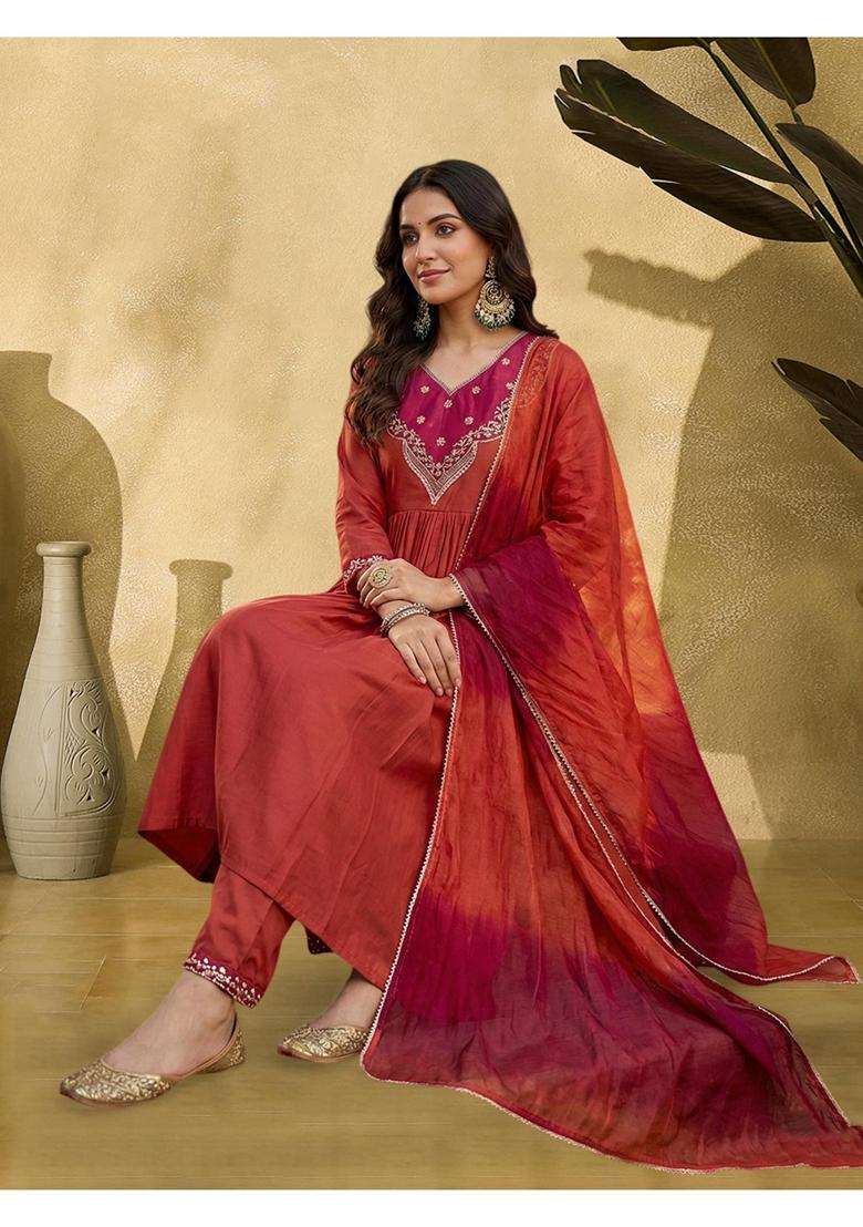 Rust Embroidery Crepe Kurta Set - Indya