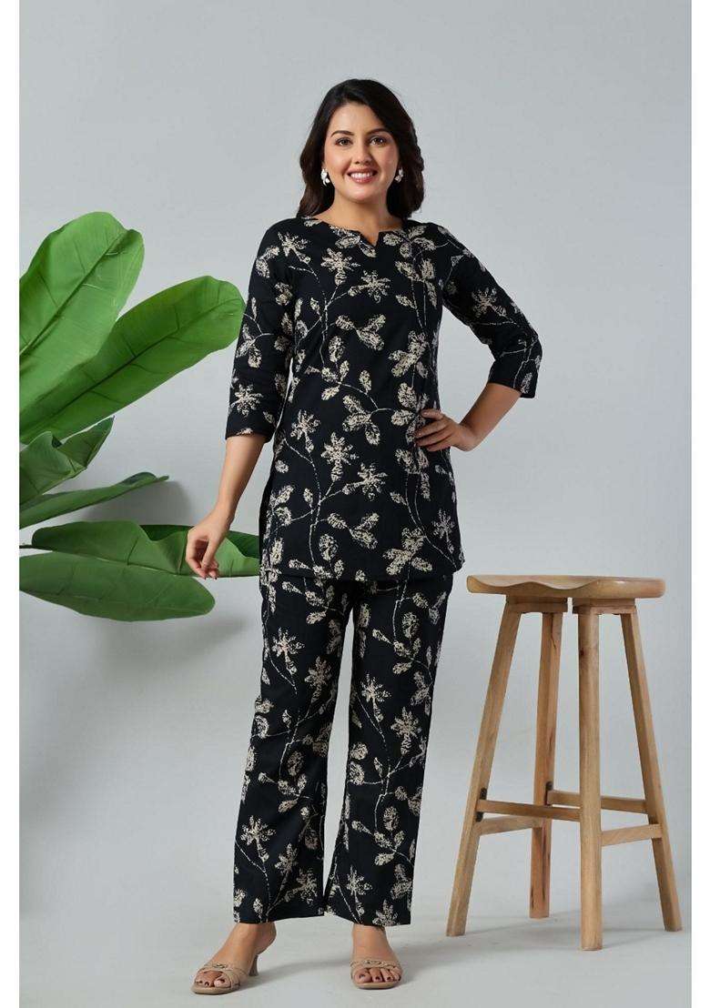 Black Floral Cotton Co-Ord Set - Indya