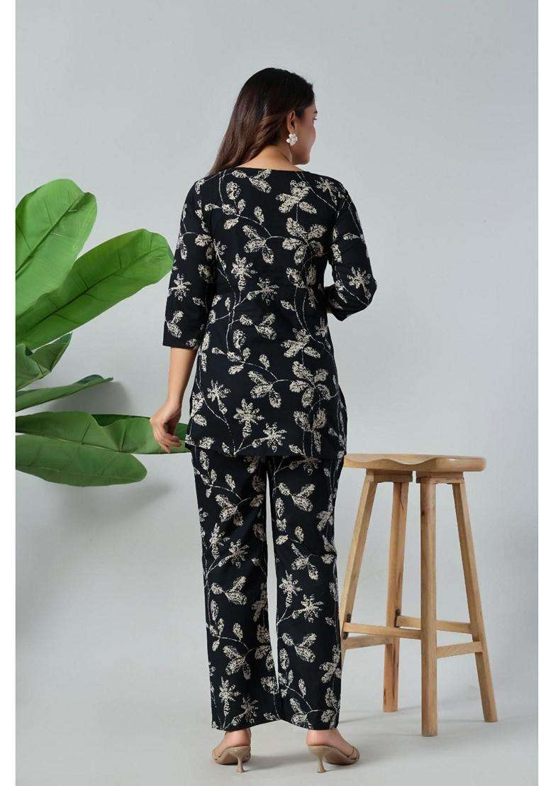 Black Floral Cotton Co-Ord Set - Indya