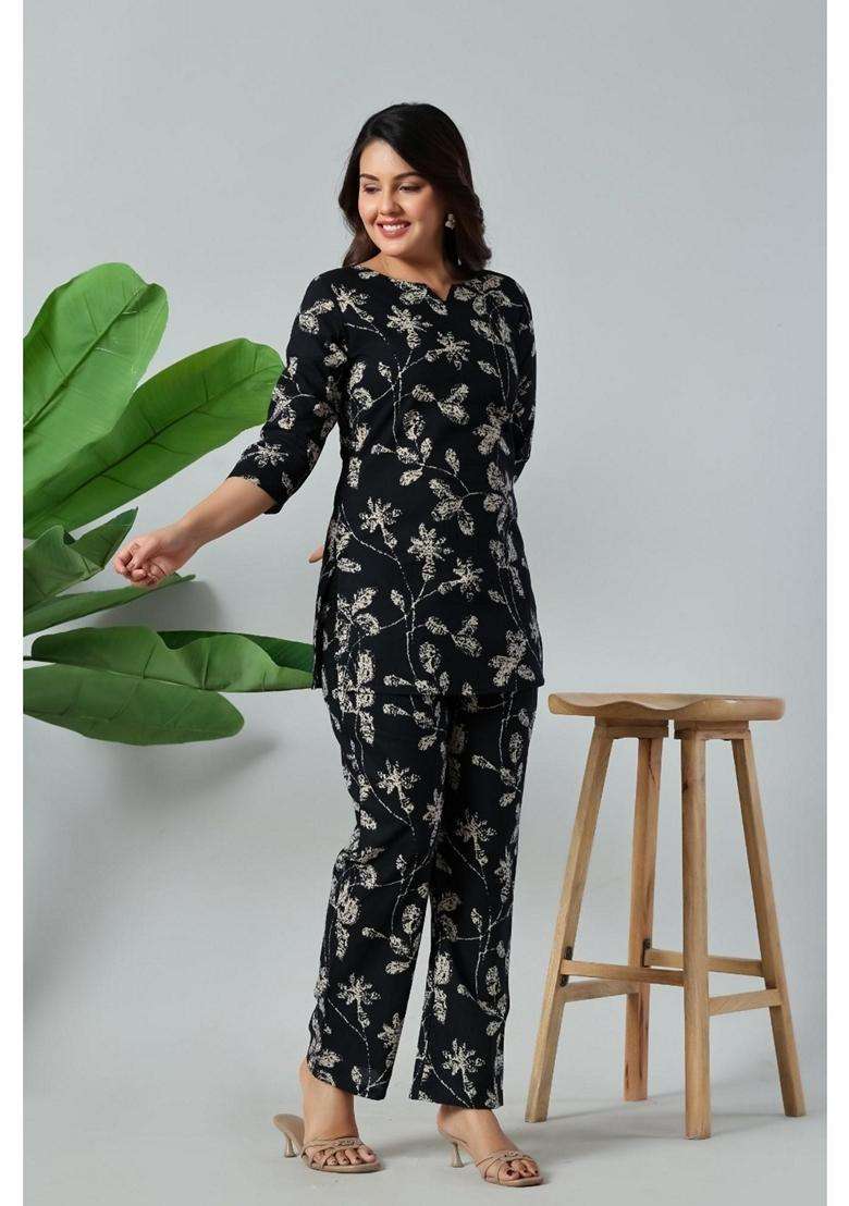 Black Floral Cotton Co-Ord Set - Indya