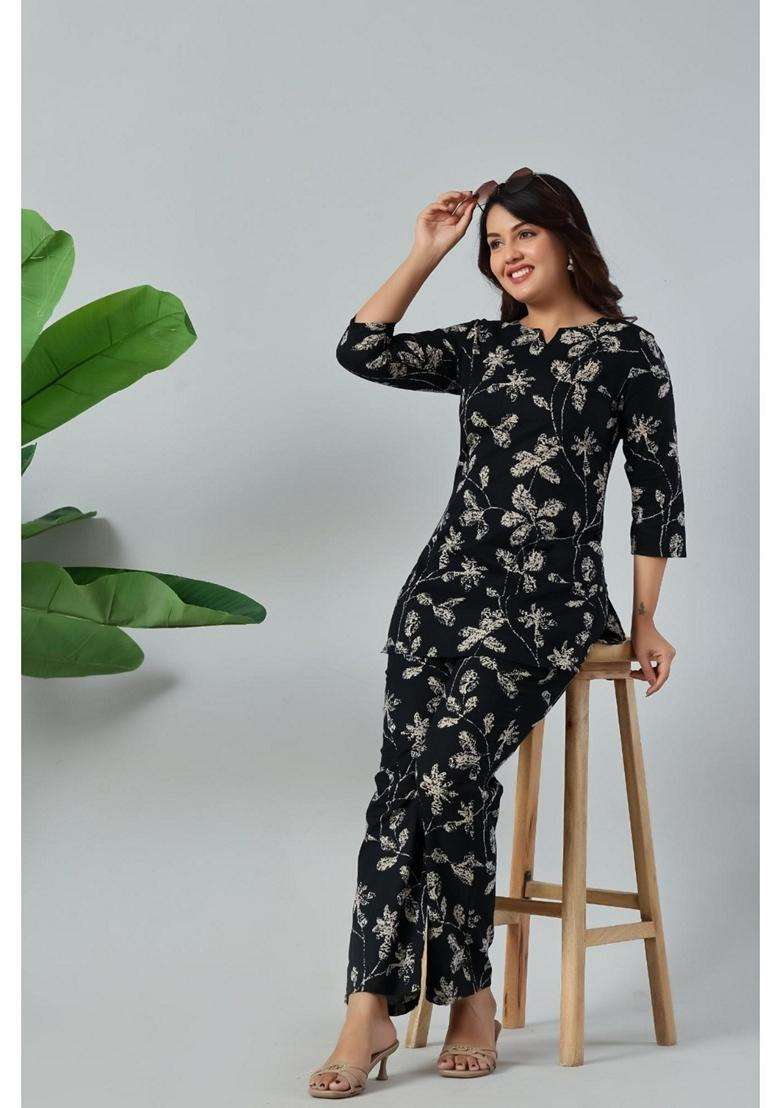 Black Floral Cotton Co-Ord Set - Indya