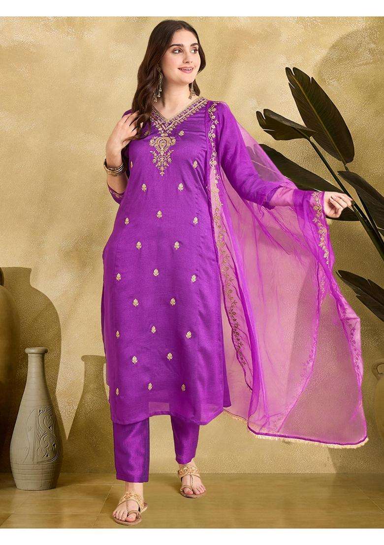 Purple Embroidery Silk Blend Kurta Set - Indya