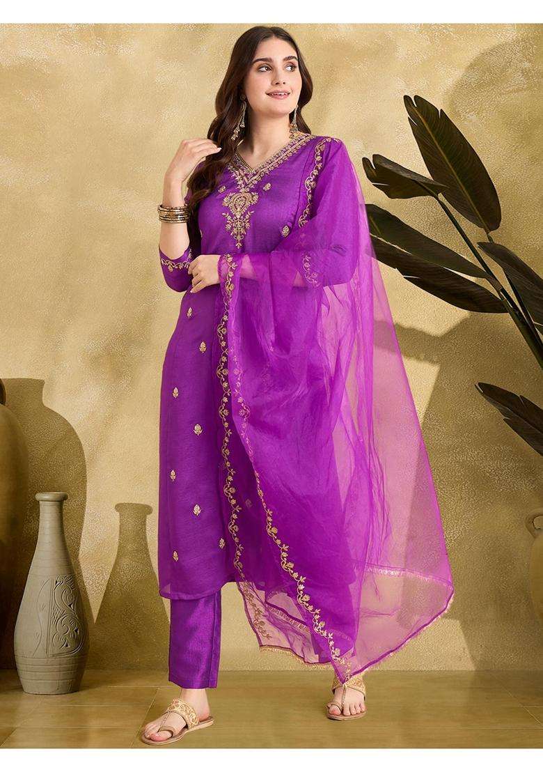 Purple Embroidery Silk Blend Kurta Set - Indya