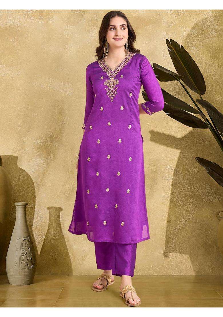 Purple Embroidery Silk Blend Kurta Set - Indya