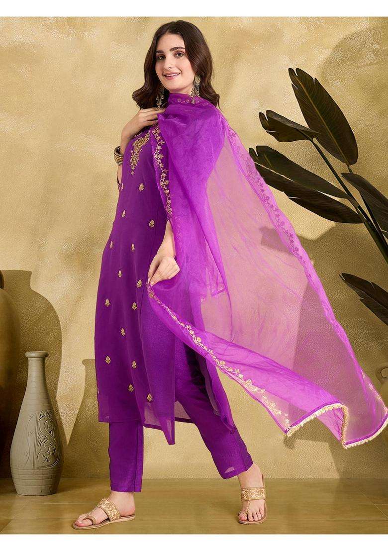 Purple Embroidery Silk Blend Kurta Set - Indya