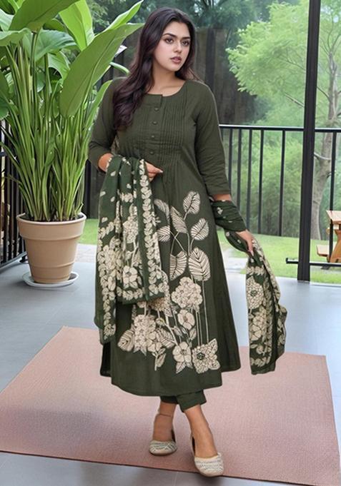 Green Floral Rayon Anarkali Set — view on Indya
