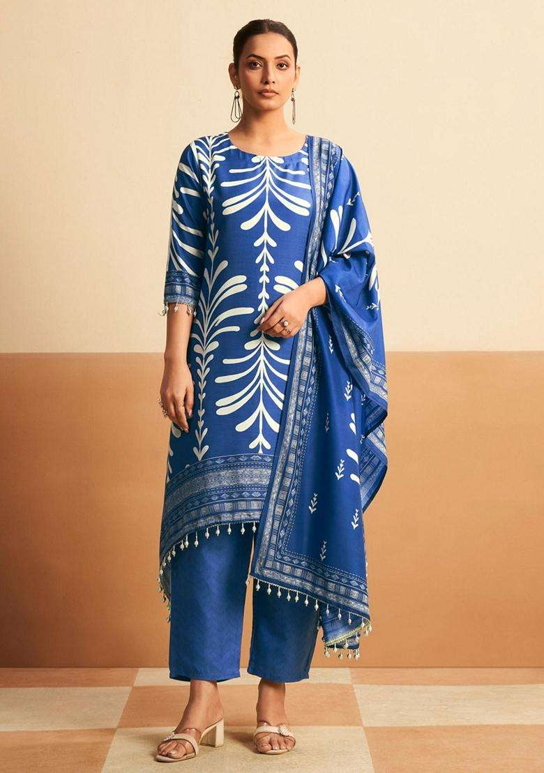 Blue Printed Cotton Kurta Set - Indya