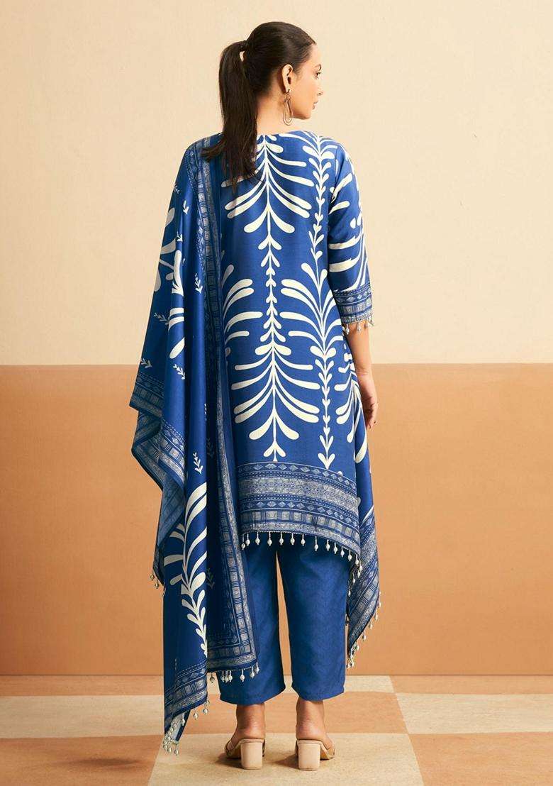 Blue Printed Cotton Kurta Set - Indya