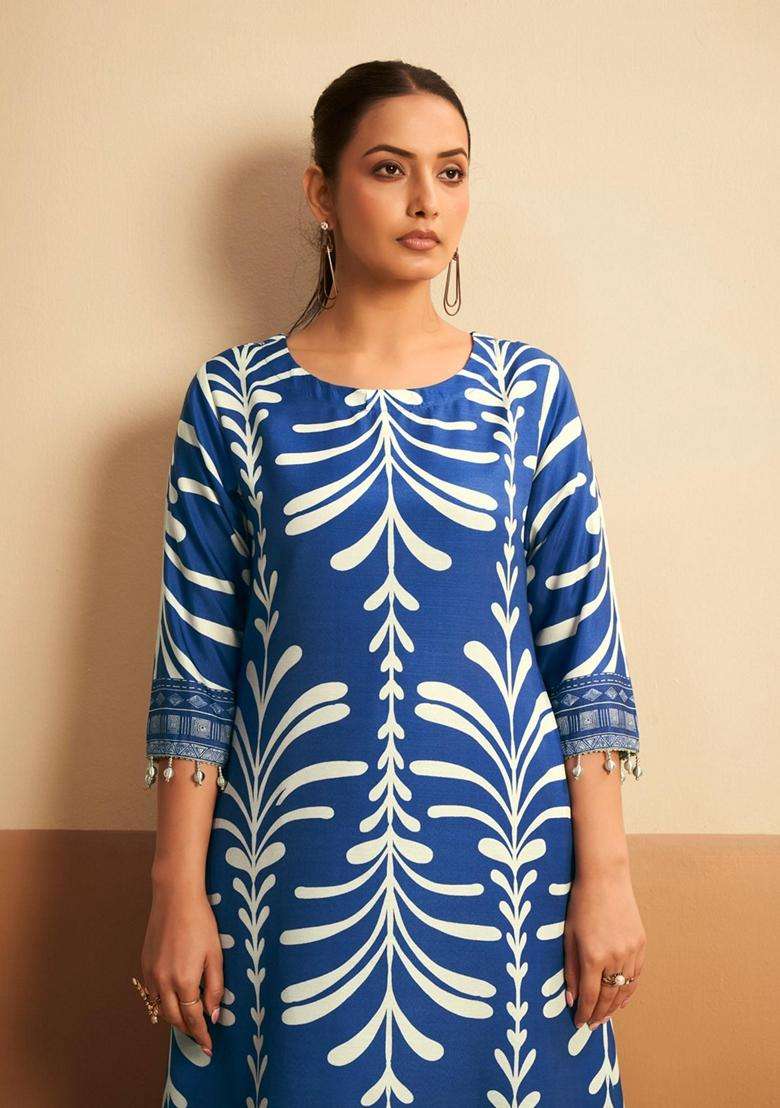 Blue Printed Cotton Kurta Set - Indya