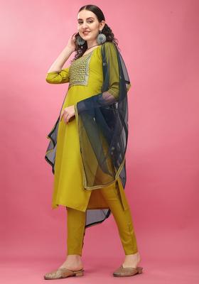 Green Embroidery Cotton Kurta Set