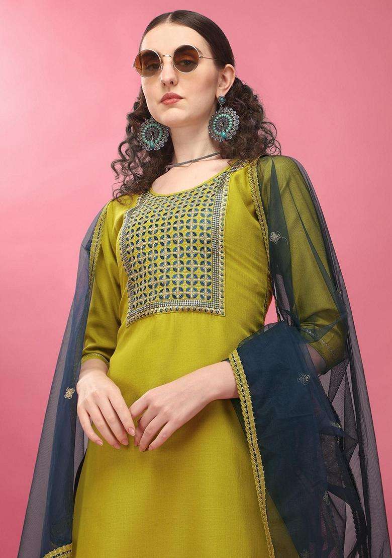 Green Embroidery Cotton Kurta Set - Indya