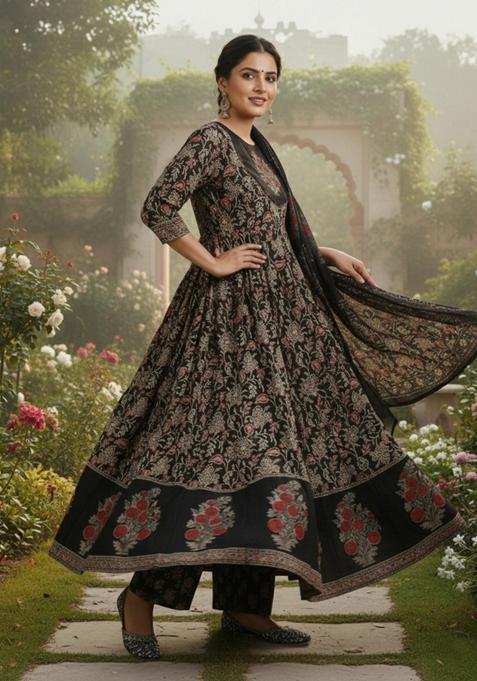 Black Floral Rayon Anarkali Set — view on Indya