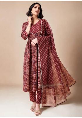 Maroon Printed Cotton Anarkali Set