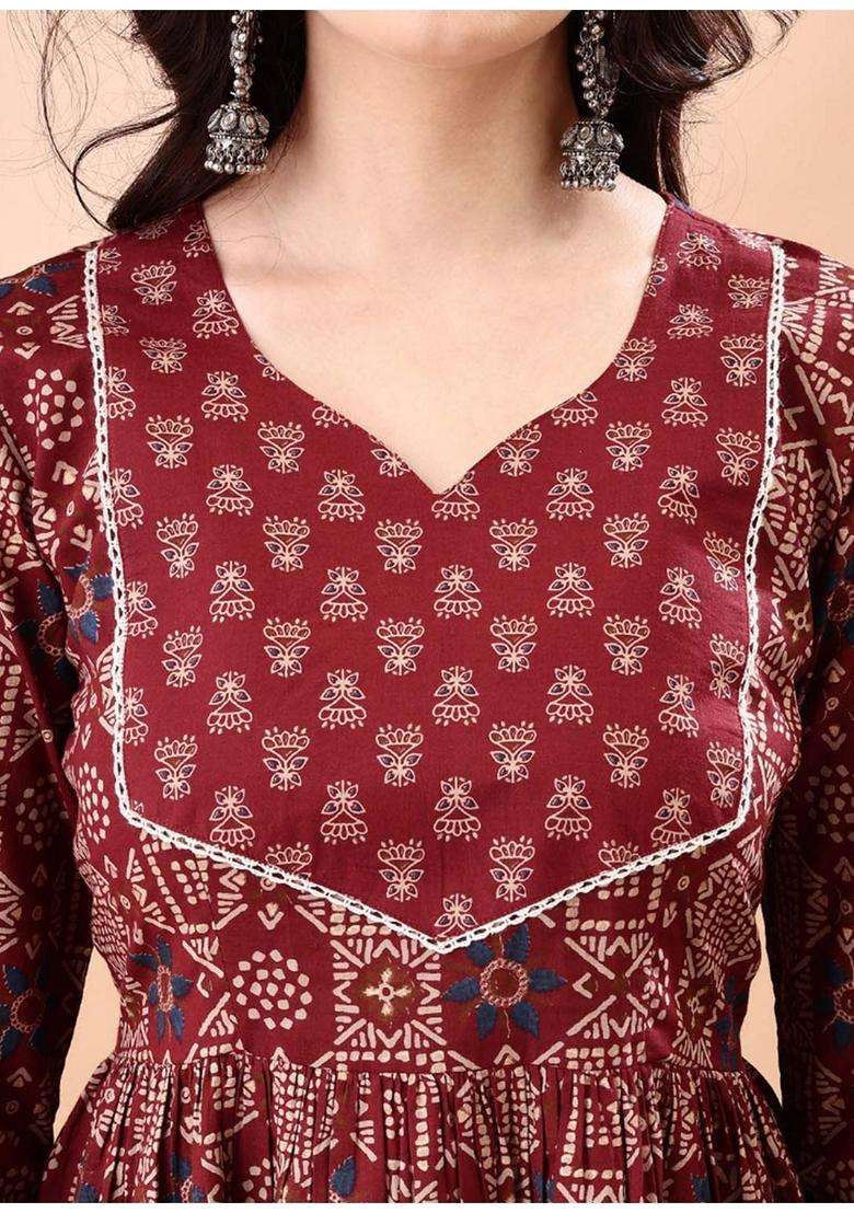 Maroon Printed Cotton Anarkali Set - Indya