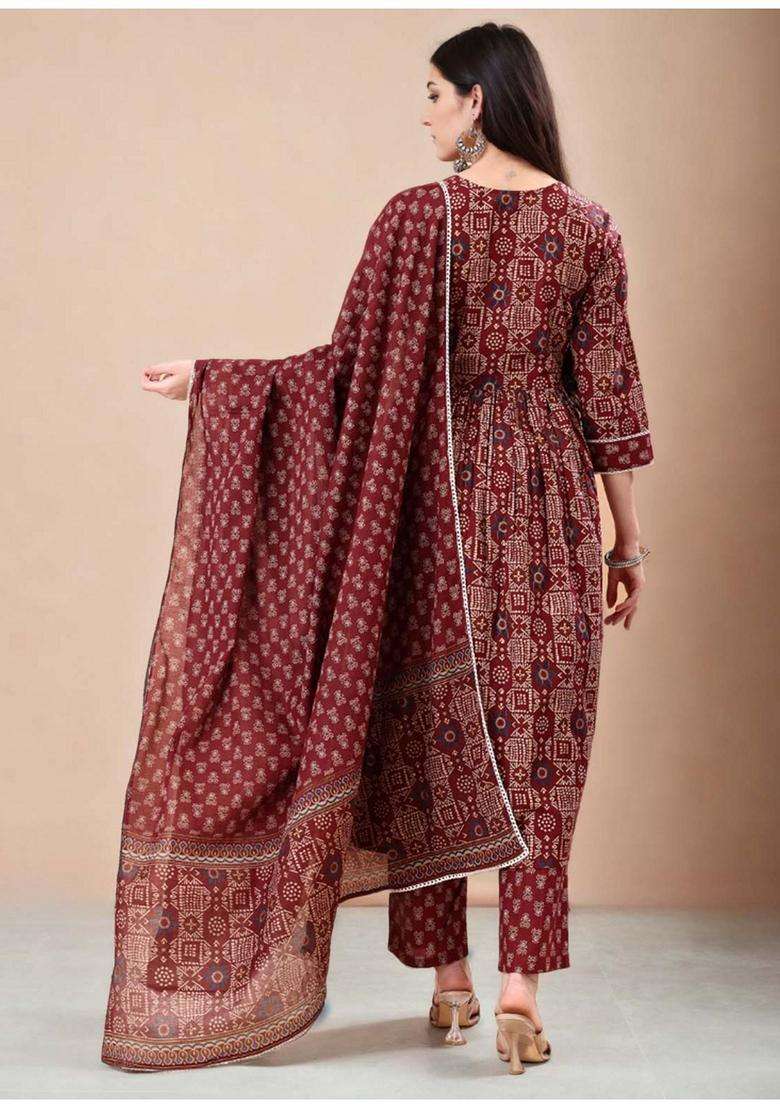 Maroon Printed Cotton Anarkali Set - Indya