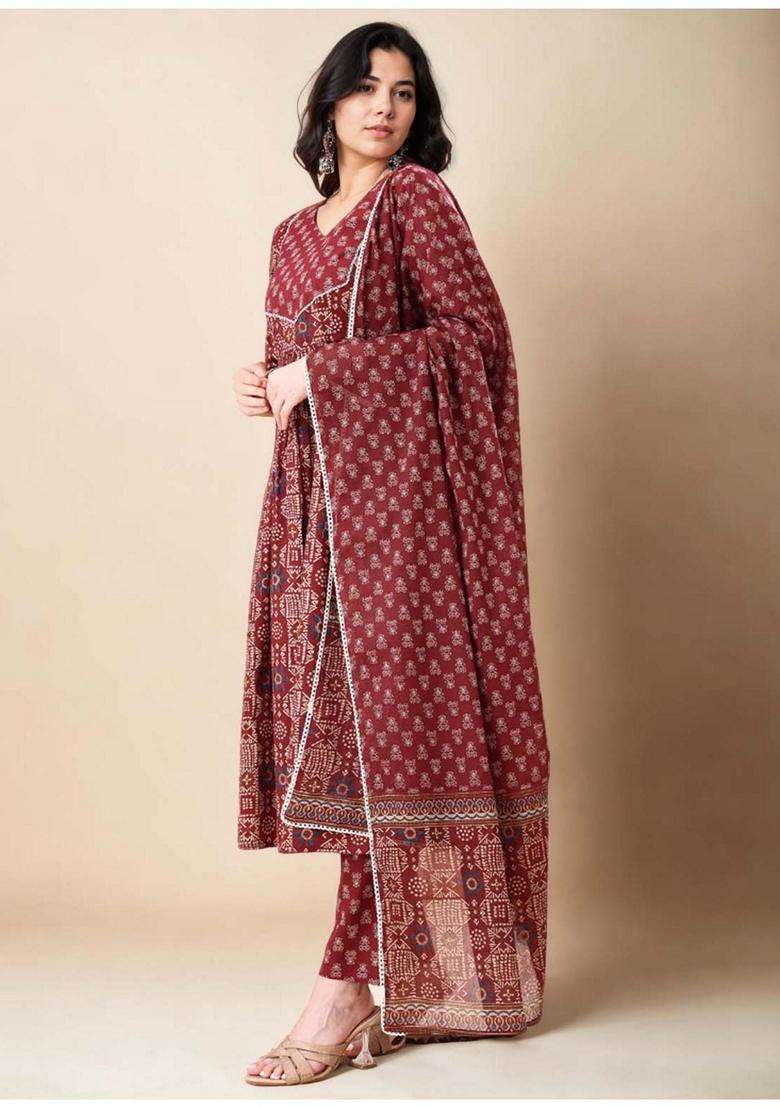 Maroon Printed Cotton Anarkali Set - Indya