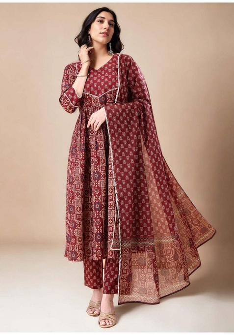 Maroon Printed Cotton Anarkali Set — view on Indya