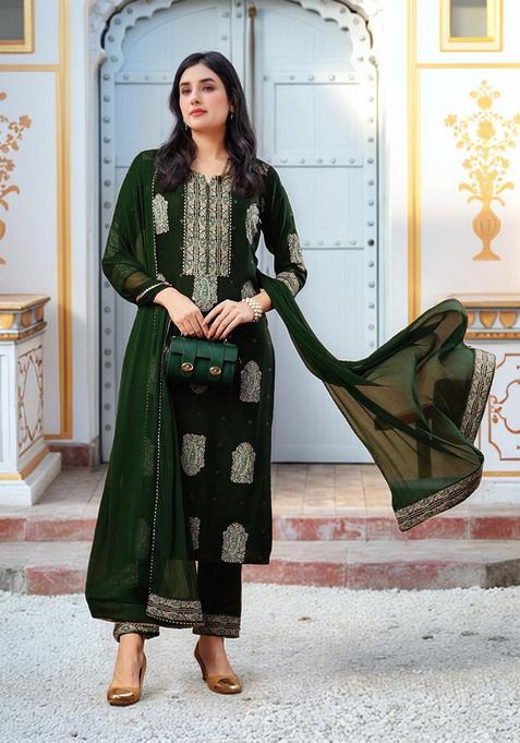 Green Embellished Rayon Kurta Set — view on Indya