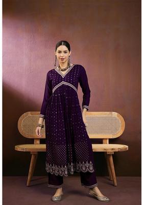 Wine Embroidery Silk Kurta Set