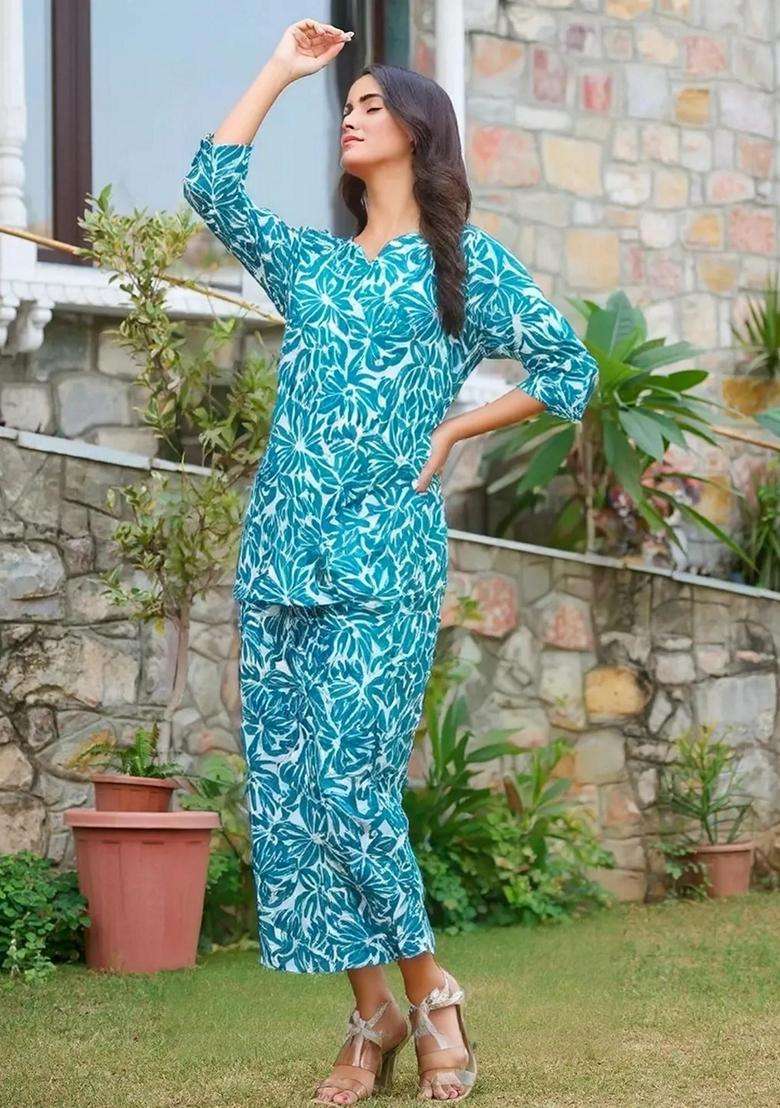 Sky Blue Floral Cotton Co-Ord Set - Indya
