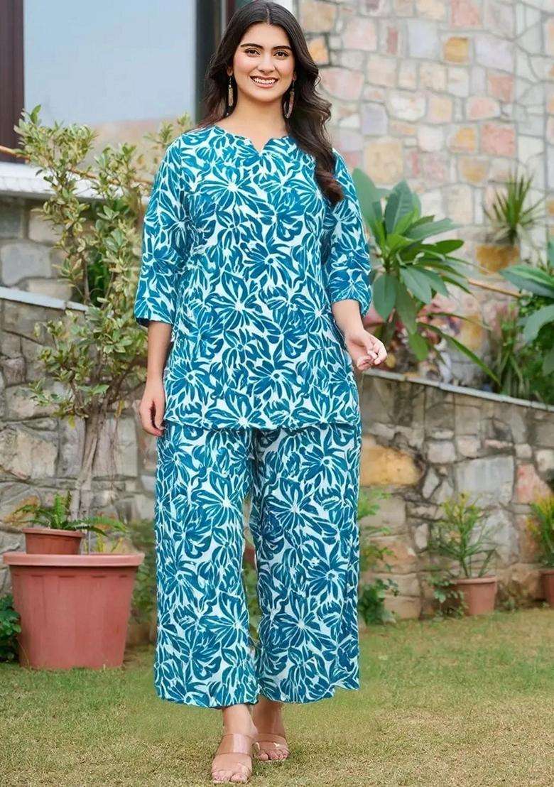 Sky Blue Floral Cotton Co-Ord Set - Indya