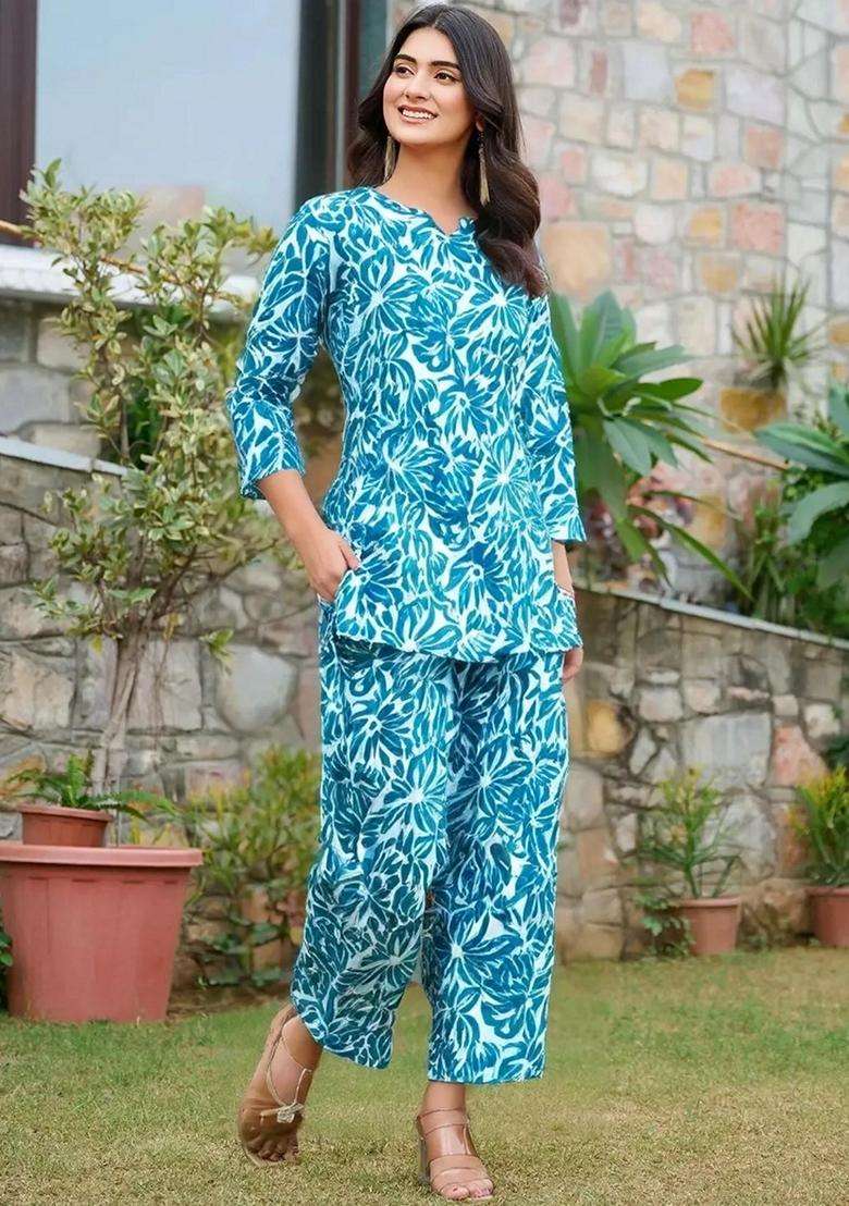 Sky Blue Floral Cotton Co-Ord Set - Indya