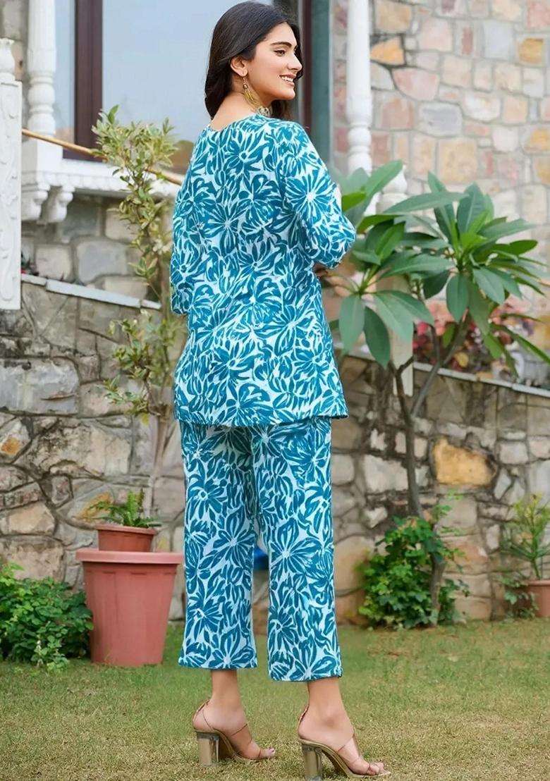 Sky Blue Floral Cotton Co-Ord Set - Indya