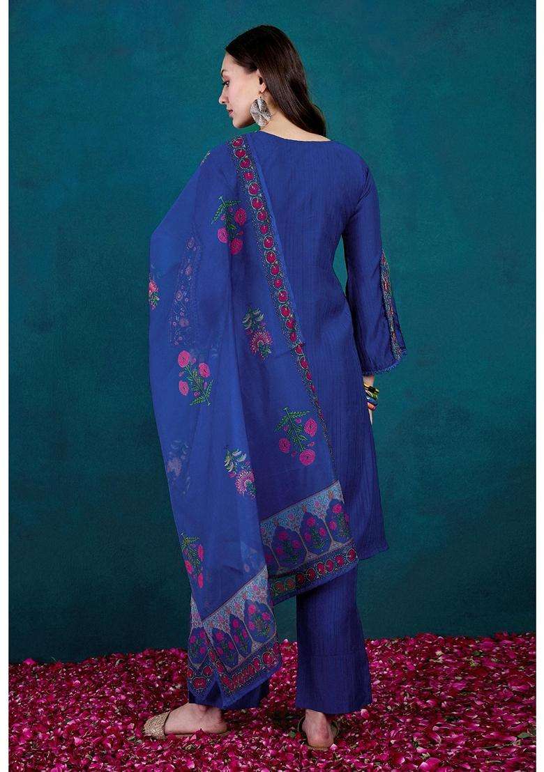 Blue Embroidery Silk Blend Kurta Set - Indya
