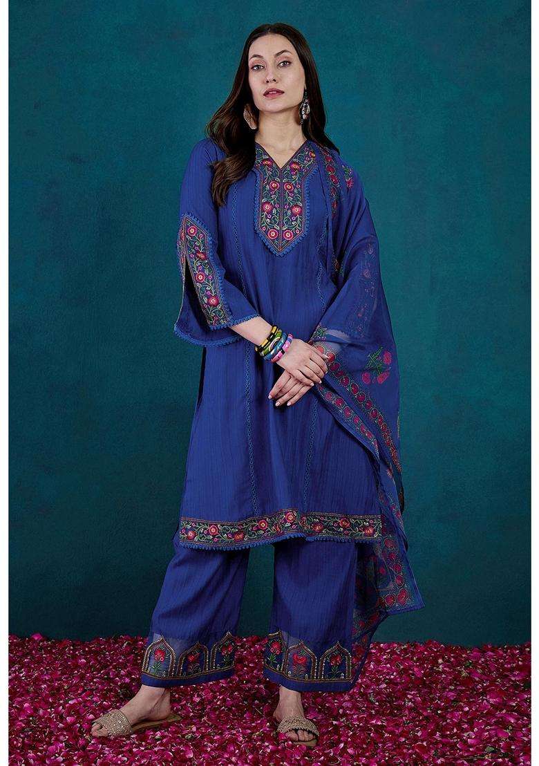 Blue Embroidery Silk Blend Kurta Set - Indya