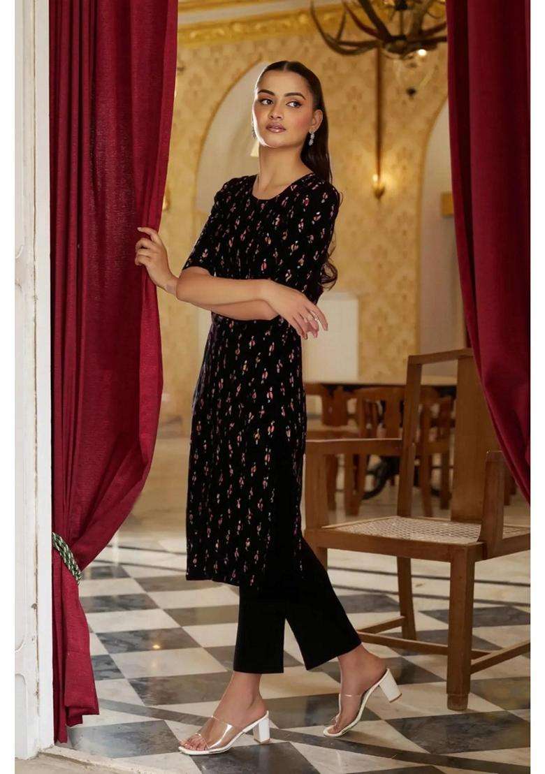 Black Printed Crepe Kurta Set - Indya