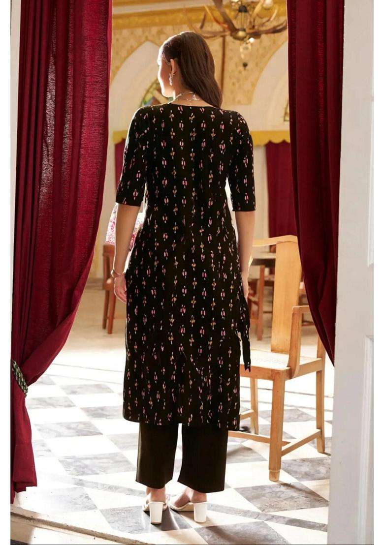 Black Printed Crepe Kurta Set - Indya