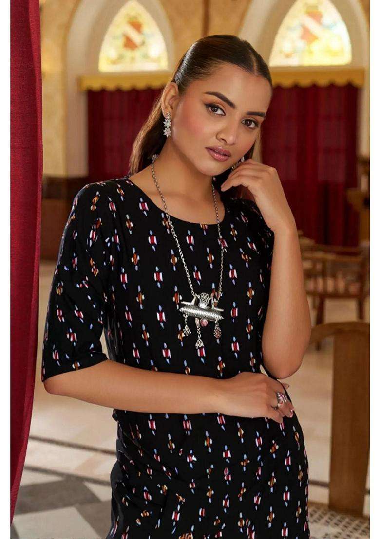 Black Printed Crepe Kurta Set - Indya