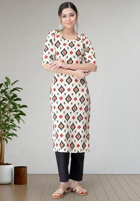 White Printed Crepe Kurta Set
