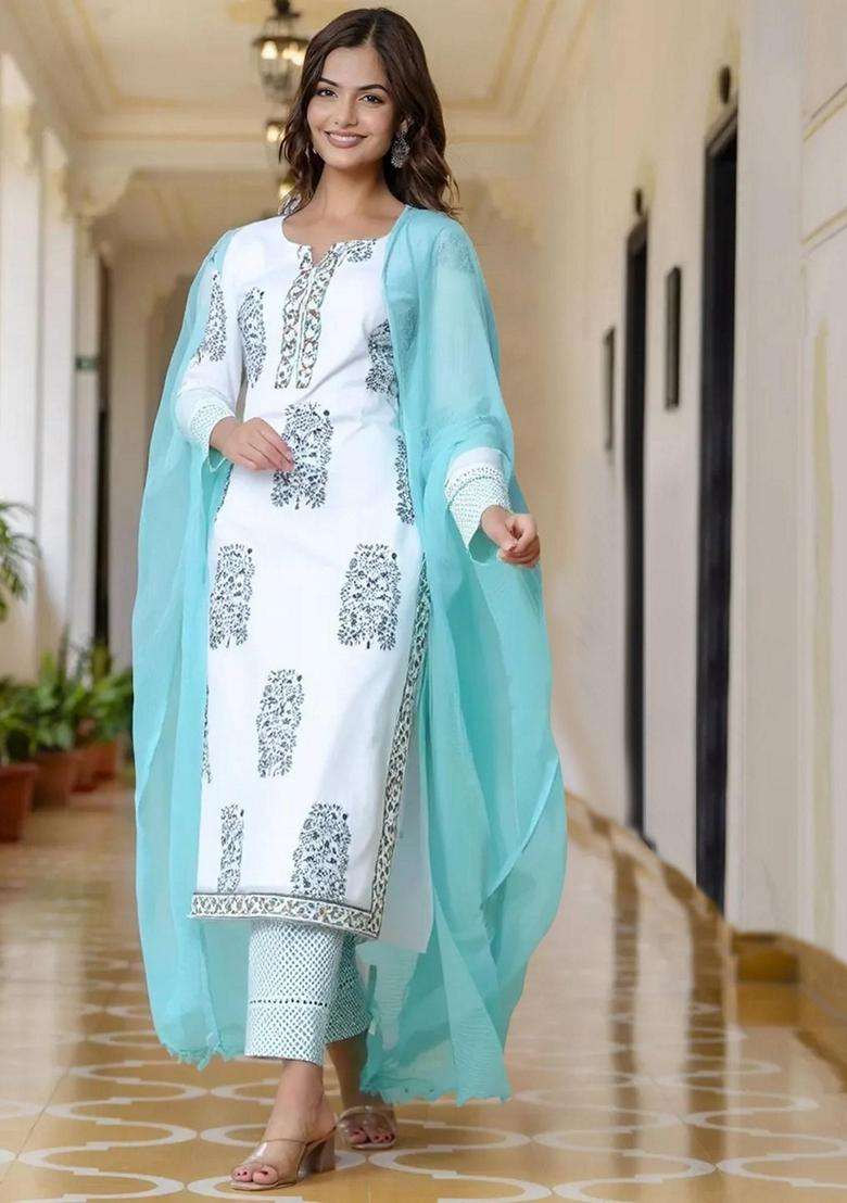 Sky Blue Printed Cotton Kurta Set - Indya