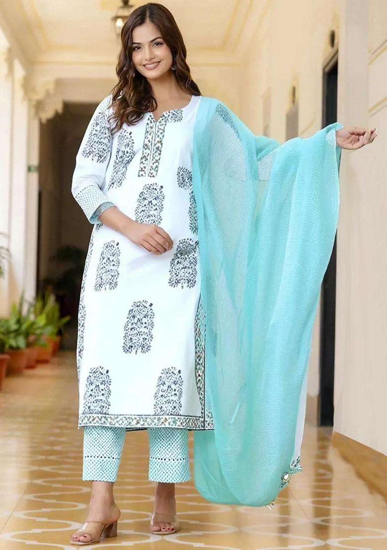 Sky Blue Printed Cotton Kurta Set - Indya