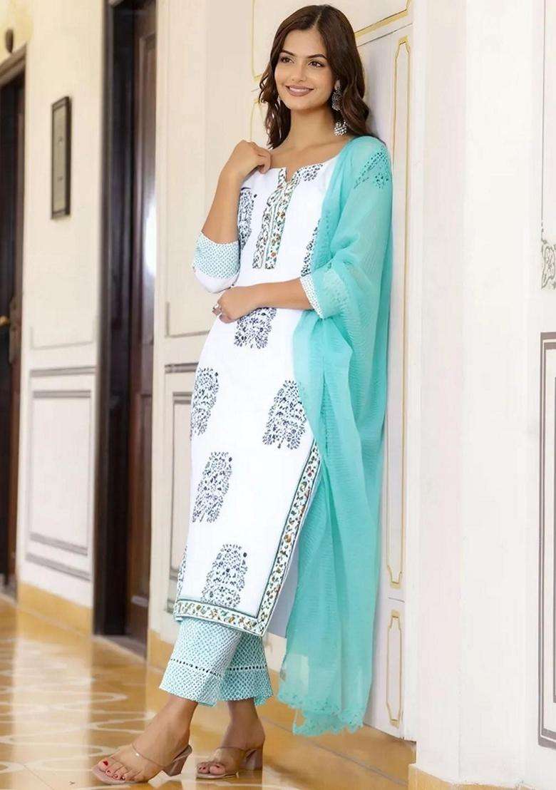 Sky Blue Printed Cotton Kurta Set - Indya