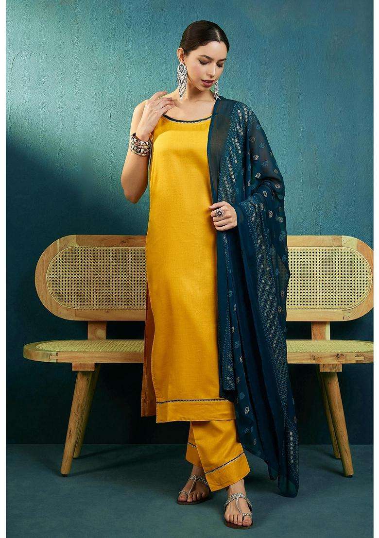 Mustard Printed Cotton Kurta Set - Indya
