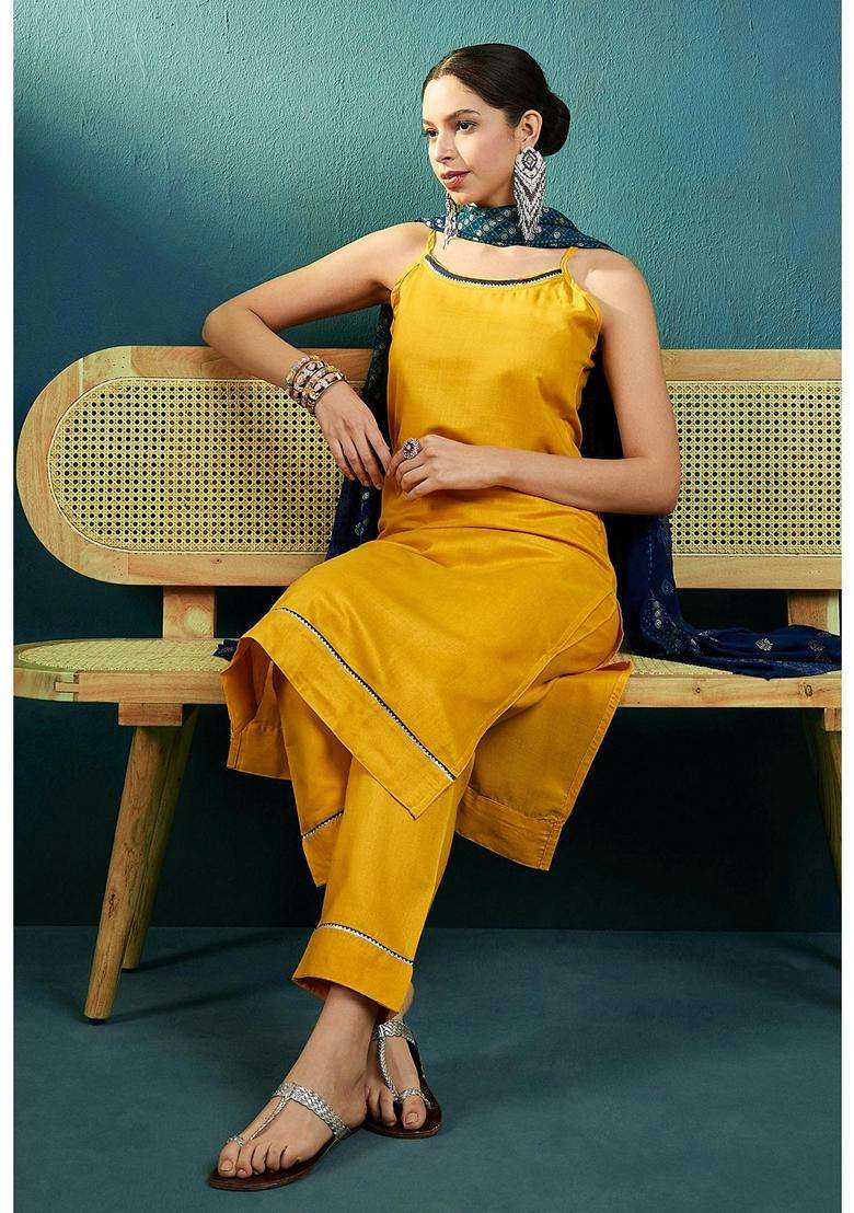 Mustard Printed Cotton Kurta Set - Indya