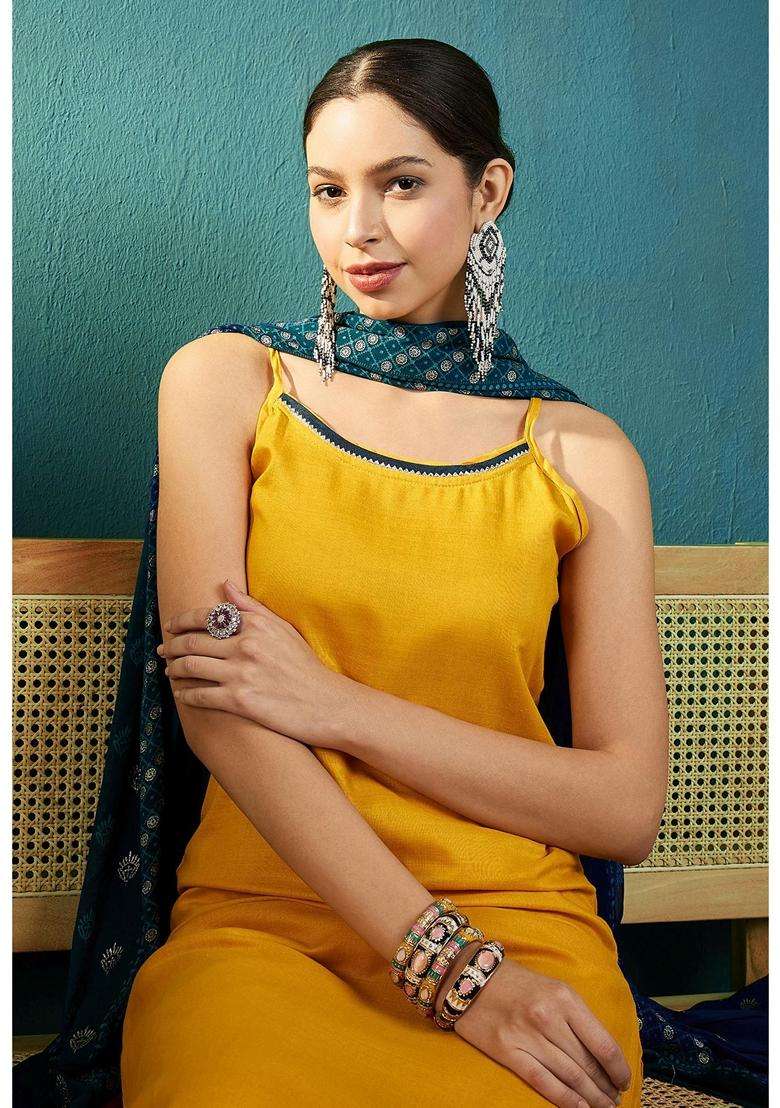 Mustard Printed Cotton Kurta Set - Indya