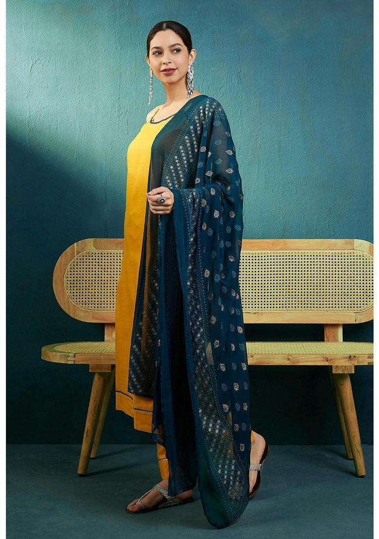 Mustard Printed Cotton Kurta Set - Indya