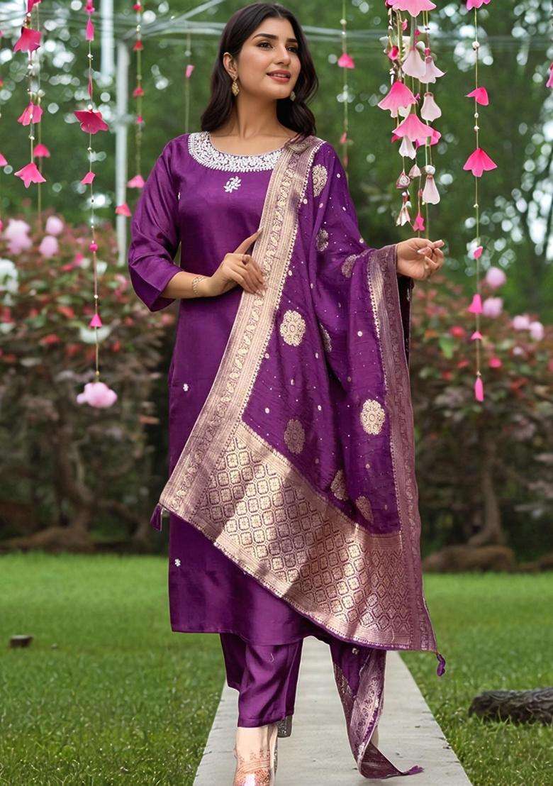 Purple Embroidery Rayon Kurta Set - Indya