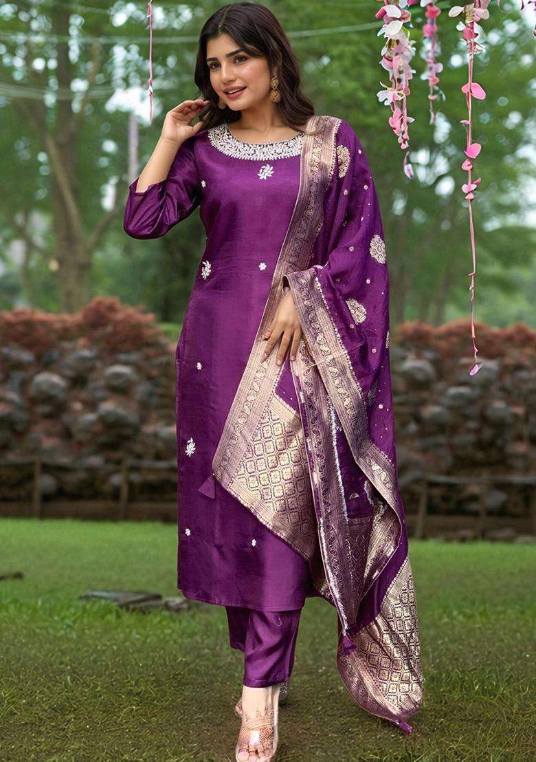 Purple Embroidery Rayon Kurta Set - Indya