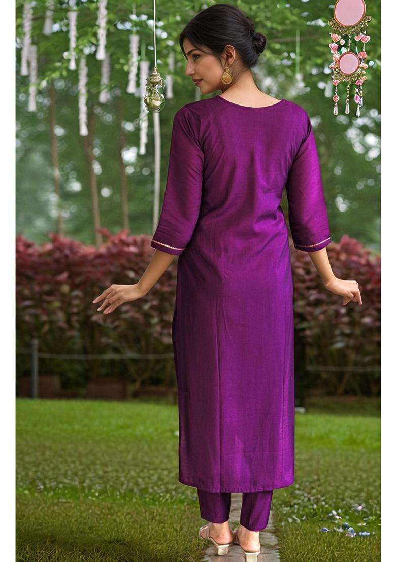 Purple Embroidery Rayon Kurta Set - Indya