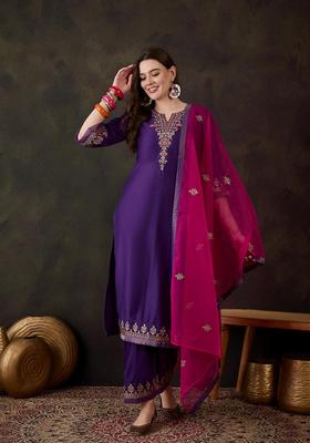 Purple Embroidery Silk Kurta Set