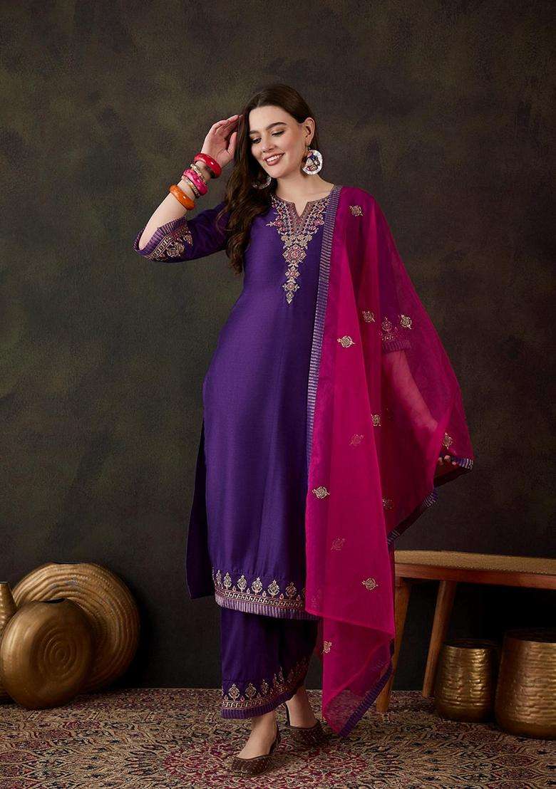 Purple Embroidery Silk Blend Kurta Set - Indya
