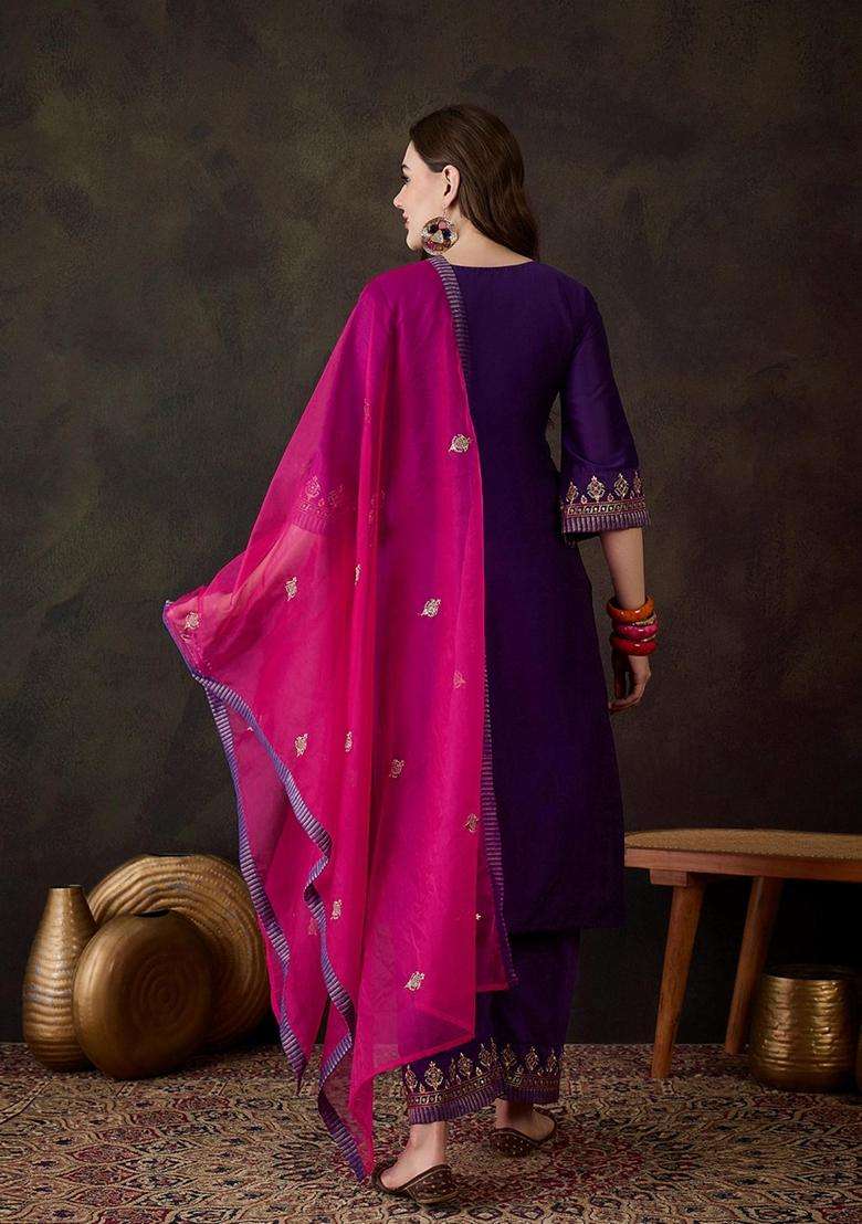 Purple Embroidery Silk Blend Kurta Set - Indya