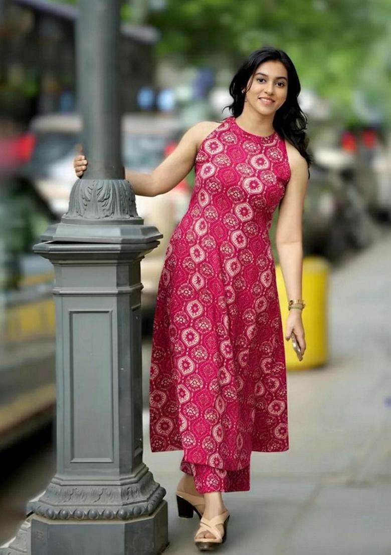 Pink Printed Rayon Anarkali Set - Indya