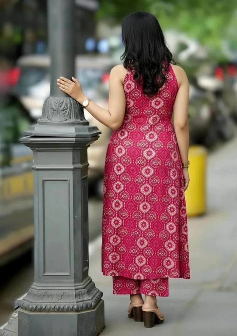 Pink Printed Rayon Anarkali Set - Indya